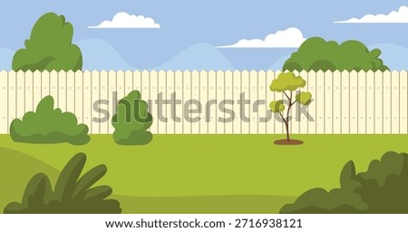 Backyard, garden, terrace area, fence, tree, and bushes