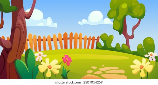 Jardín trasero con cerca de madera. Paisaje veraniego con árboles, flores, hierba y suelo de piedra. Ilustración vectorial en estilo de caricatura.