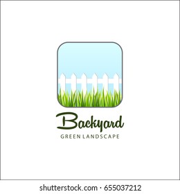 Backyard green landscape logo in square frame  with grass and white fence - vector illustrator