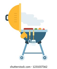 Backyard grill on wheels. Grill with meat, vegetables, steam and grilling tools vector flat icon isolated on white