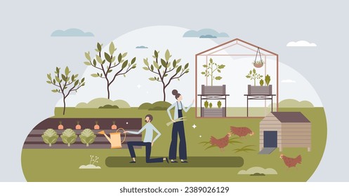 Backyard homesteading to grow you own ecological food tiny person concept. Organic vegetables and chicken growing as sustainable and nature friendly lifestyle vector illustration. Countryside family.