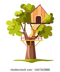 Backyard house on tree childish playground ladder and balcony vector isolated plant and small hut summer and outdoor activity, or pastime play games on branch handmade construction countryside