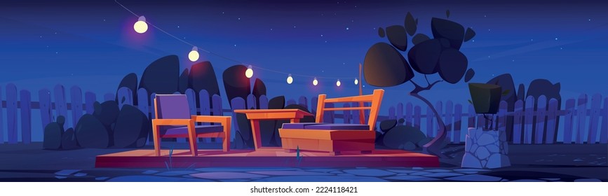 Backyard, house patio with table, chair and couch on wooden terrace, trees and fence. Summer landscape of empty yard or garden with furniture for rest and picnic at night, vector cartoon illustration