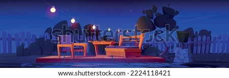 Backyard, house patio with table, chair and couch on wooden terrace, trees and fence. Summer landscape of empty yard or garden with furniture for rest and picnic at night, vector cartoon illustration