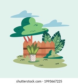 backyard houseplant and tree scene