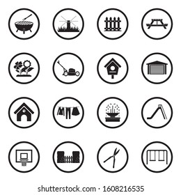 Backyard Icons. Black Flat Design In Circle. Vector Illustration.