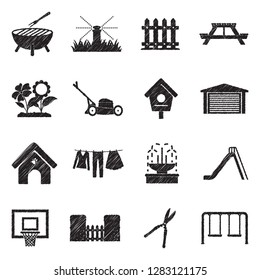 Backyard Icons. Black Scribble Design. Vector Illustration.