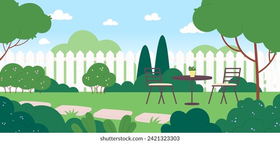 Backyard landscape. Private garden with chairs and table. Bbq place, rest and recreation at home. Wooden fence protection, racy vector illustration