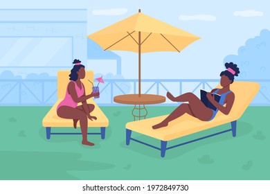 Backyard leisure with friends, flat color vector illustration. Beach activity alternative. Girlfriends tanning in lounge chairs 2D cartoon faceless characters with outdoor garden space in background