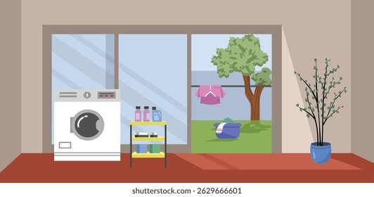 Backyard. Living room. Furniture. Sin light. Drying clothes in the backyard. Tree. Sofa. Table.