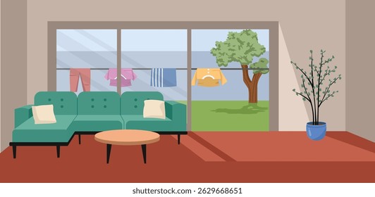 Backyard. Living room. Furniture. Sin light. Drying clothes in the backyard. Tree. Sofa. Table.