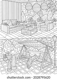 Backyard Lounge Doodle Hanging Lamps Tables Chairs Colorless Line Drawing. Outdoor Lounging Area Behind House Coloring Book Page.