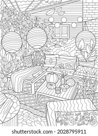 Backyard Lounge Doodle Hanging Lamps Tables Chairs Colorless Line Drawing. Outdoor Lounging Area Behind House Coloring Book Page.