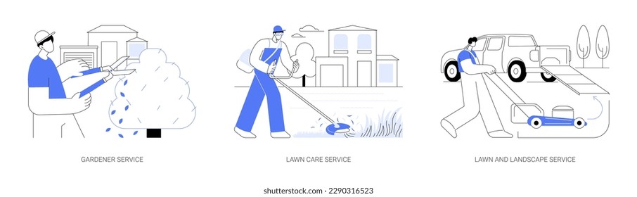 Conjunto de ilustraciones vectoriales abstractas del servicio de mantenimiento de patio trasero. Servicio de jardinería, cuidado de césped y servicio de paisajes, tala de plantas, recorte de arbustos, remediación en metáfora abstracta de paisajes.