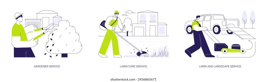 Backyard maintenance service abstract concept vector illustration set. Gardener service, lawn care and landscape service, cut plants, shrubs trimming, remediation in landscaping abstract metaphor.