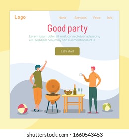 Backyard Party Flat Vector Landing Page Template. Friends Cooking Food on Grill Together. BBQ Outdoor Recreation Web Banner Layout. People at Yard Barbeque Meeting Cartoon Illustration