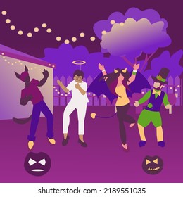 Backyard Party People In Halloween Costume Dancing In Garden At Night. Cityscape Background Flat Vector Illustration