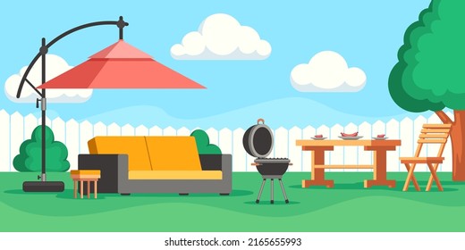 Backyard Patio. Cartoon Summer Garden With Lounge Outdoor Furniture And Barbecue Grill, Outside House Terrace Or Veranda Scene. Vector Illustration. Grilled Sausages On Table With Umbrella