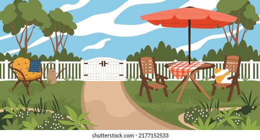 Backyard patio. Cozy garden with furniture, outdoor chill out zone, summer courtyard relax, contemporary table, wooden chairs and bright umbrella, horizontal banner, tidy vector concept