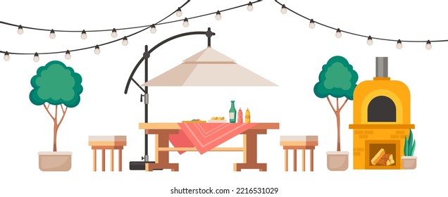 Patio trasero con mobiliario. Mesa de madera en el jardín y silla con paraguas. Horno de piedra con leña, plantas y guirnaldas para la terraza del salón. Cómoda ilustración vectorial