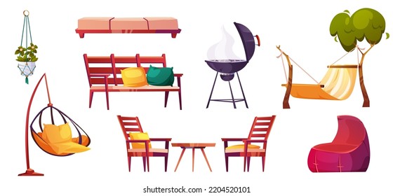 Backyard Or Patio Furniture For Relax And Cooking Grill For Bbq. Garden Bench, Hammock, Bean Bag Chair, Table, Tree And Hanging Chair Isolated On White Background, Vector Cartoon Set