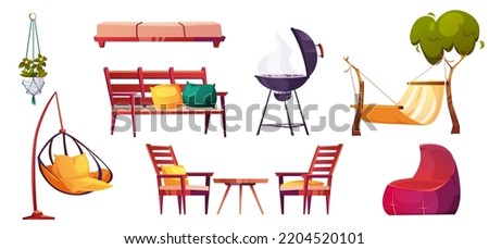 Backyard or patio furniture for relax and cooking grill for bbq. Garden bench, hammock, bean bag chair, table, tree and hanging chair isolated on white background, vector cartoon set