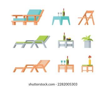 Backyard or Patio Furniture for Relax with Garden Wooden Table, Deck Chair and Flowerpot Vector Set