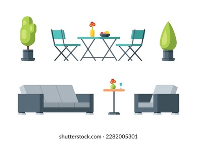 Backyard or Patio Furniture for Relax with Sofa, Armchair, Plant in Pot, Table and Chairs Vector Set