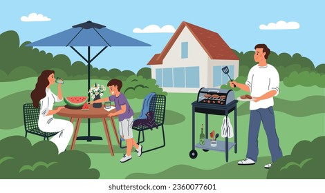 Backyard patio with vacationers. Family picnic. Persons having lunch in garden. People at grill party. Table under umbrella. Parents with child. Outdoor dinner. Garish