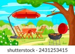 Backyard picnic. Summer patio outside barbeque cartoon background, garden bbq party outdoor house yard, cozy chair and table on green lawn spring courtyard neat vector illustration