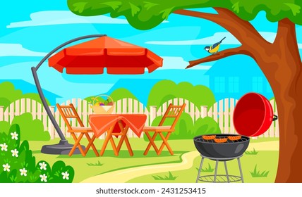 Picnic en el patio trasero. Patio de verano fuera de la barbacoa de dibujos animados de fondo, jardín barbacoa patio de la casa al aire libre, silla y mesa acogedoras en el patio de primavera de césped verde ilustración vectorial ordenada