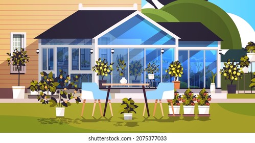 backyard planting greenhouse glass orangery botanical garden with flowers and potted plants