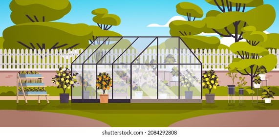 backyard planting greenhouse glass orangery botanical garden with flowers and potted plants