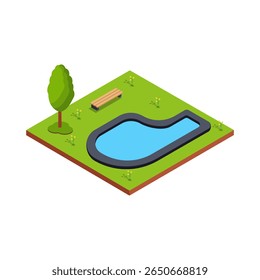 Piscina de quintal com banco e árvore