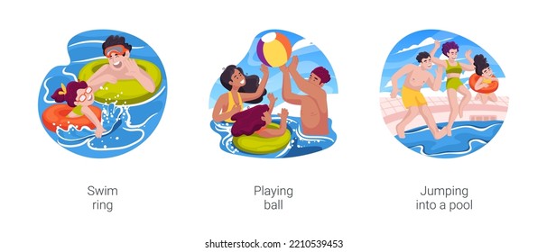 Backyard Pool Isolated Cartoon Vector Illustration Set. Child In A Colorful Swim Ring, Backyard Summer Fun, Kids Playing Ball In Inflatable Swimming Pool, Jumping And Making Splash Vector Cartoon.