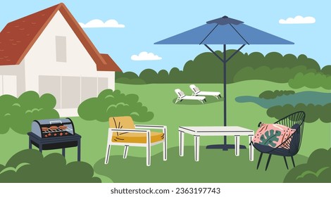 Backyard relax. Cozy house yard. Summer garden furniture or recreation elements. BBQ grill. Table under umbrella. Lounge chairs. Patio landscape. Weekend leisure. Garish