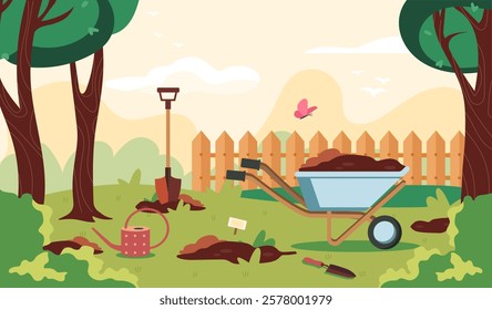 A backyard scene with trees, a wheelbarrow, shovel, watering can, and soil piles near a fence under a sunny sky. Concept of gardening and landscaping. Vector illustration