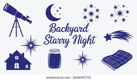 Backyard Starry Night icon set. Telescope, crescent moon, twinkling constellations, shooting star, house silhouette, mason jar lantern and picnic blanket in navy silhouettes
