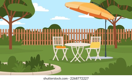 Backyard, summer terrace with chairs and an umbrella. Garden furniture for outdoor recreation. Vector illustration