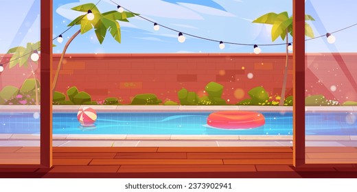 Backyard swimming pool behind open glass door. Vector cartoon illustration of patio with wooden floor, poolside tropical garden with palm trees and flowers, brick fence, garland lights, sunny day