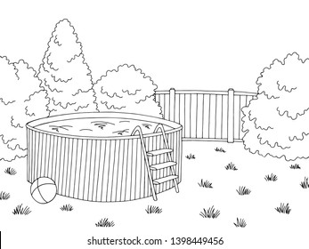 Backyard swimming pool graphic black white landscape sketch illustration vector