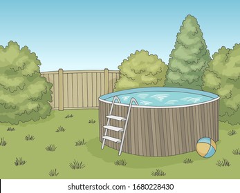 Backyard swimming pool graphic color landscape sketch illustration vector