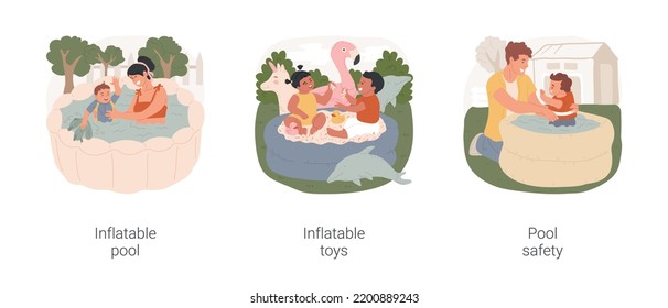 Backyard swimming pool isolated cartoon vector illustration set. Child playing in inflatable pool on backyard, colorful toys, kid swimming in life jacket, family water safety vector cartoon.