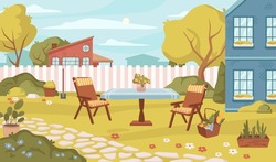 Backyard With Table And Fence, Furniture And Basket For Eating Outside. Vector Flat Style Exterior And Landscape, Trees And Bushes, Flowers In Blossom And Bloom. Spring Season Background