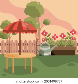 backyard table umbrella and flowers