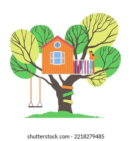 Casa de árbol del patio trasero con escalera y giro como caseta de verano para actividades al aire libre o iluminación vectorial de pasatiempo