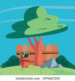 backyard tree and houseplant scene