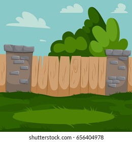 Backyard vector cartoon illustration with wooden fence, brick pillars and green grass.