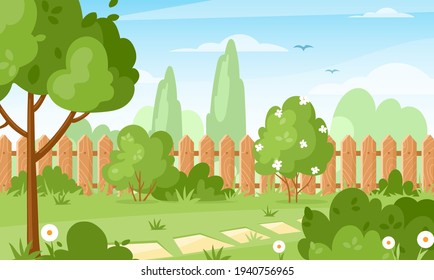 Backyard. Vector illustration of house backyard with trees, bushes, green grass lawn, flowers and wood fence. Horizontal garden banner. Spring or summer landscape. Patio area for BBQ summer parties.