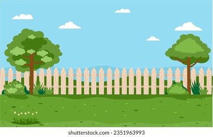 Backyard view with fence, greenery and mountain